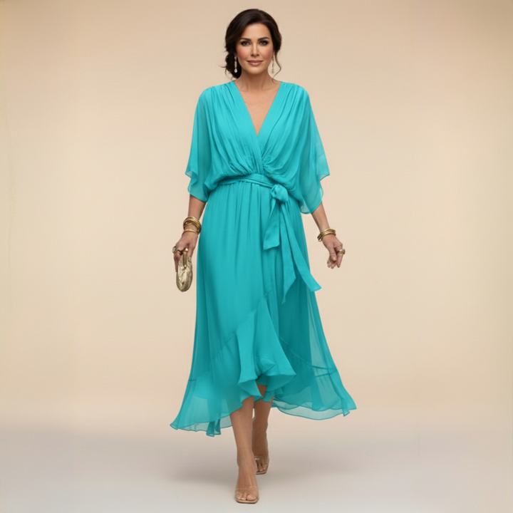 Robe midi fluide col V ceinturée