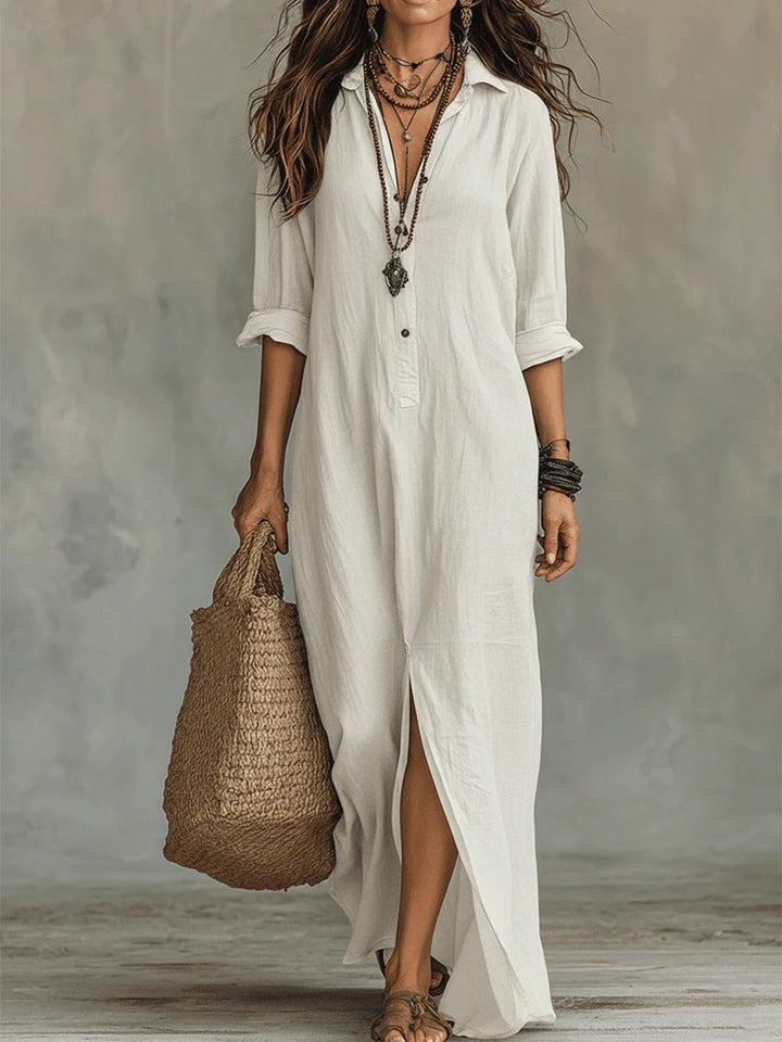 Robe longue boutonnée manches retroussables