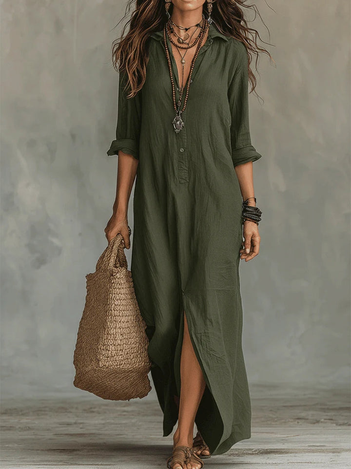 Robe longue boutonnée manches retroussables
