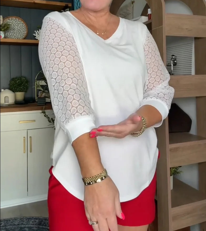 Élina | Haut col V manches dentelle