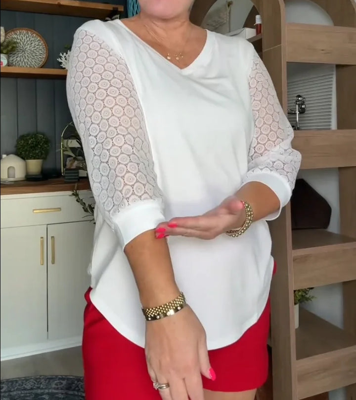 Élina | Haut col V manches dentelle