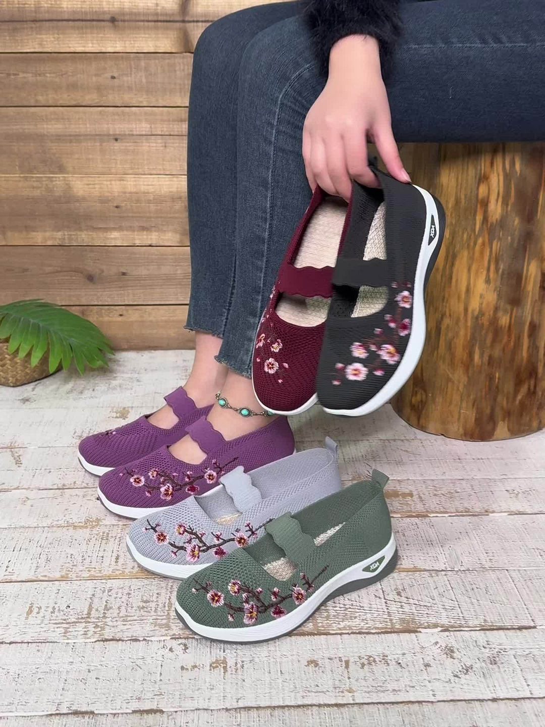 Chaussures Slip On Respirantes Légères en Maille Florale
