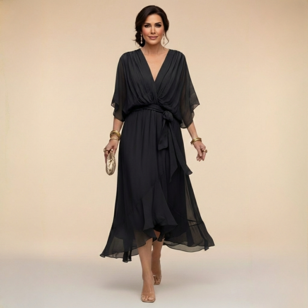 Robe midi fluide col V ceinturée