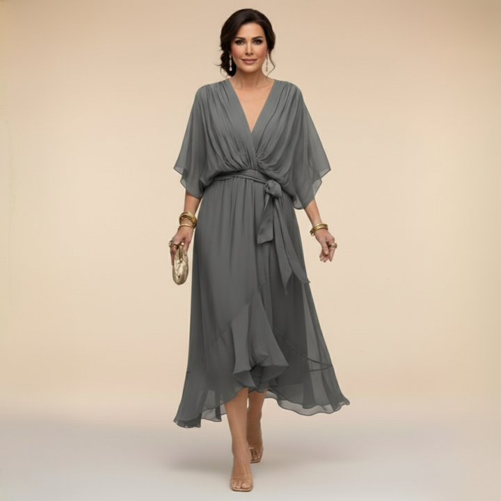 Robe midi fluide col V ceinturée