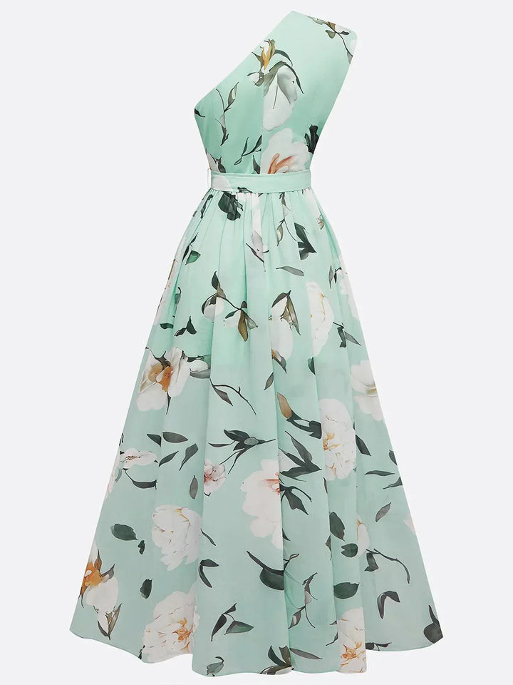 Julie | Robe Maxi Chiffon Fleurie Vert Clair à Une Épaule