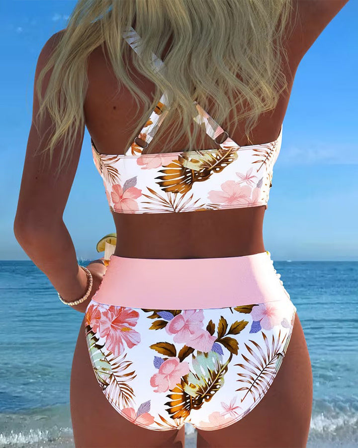 Bikini à motifs floraux contrastés avec fente