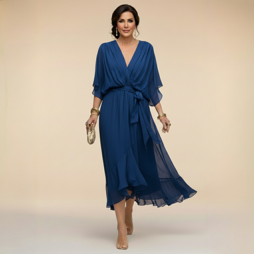 Robe midi fluide col V ceinturée
