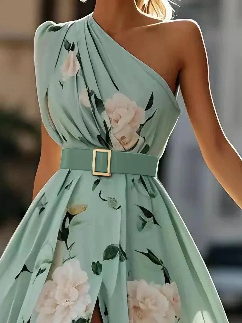 Julie | Robe Maxi Chiffon Fleurie Vert Clair à Une Épaule