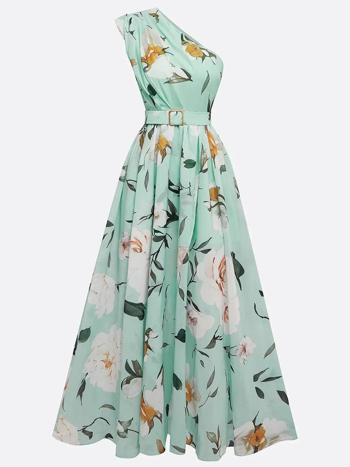 Julie | Robe Maxi Chiffon Fleurie Vert Clair à Une Épaule