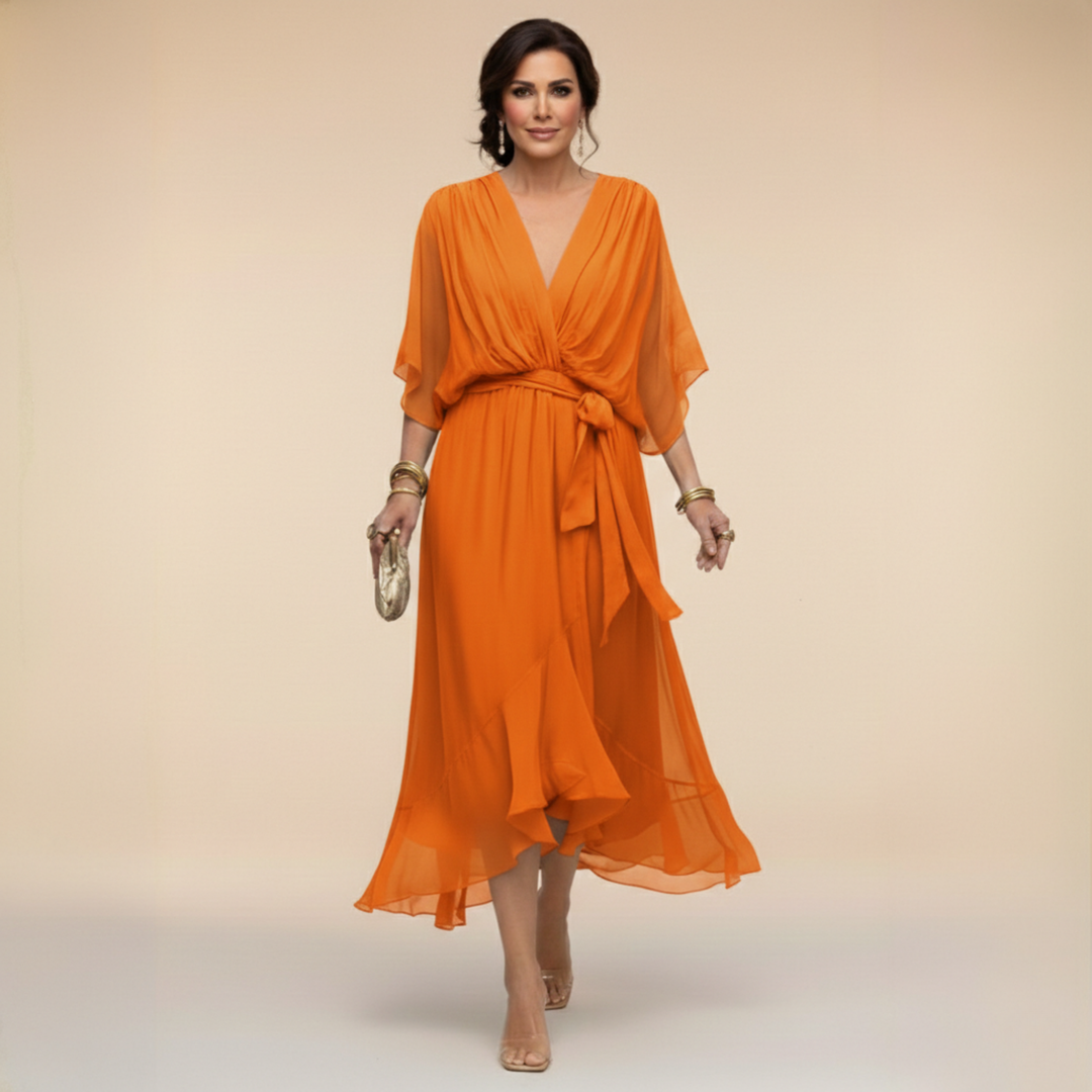 Robe midi fluide col V ceinturée