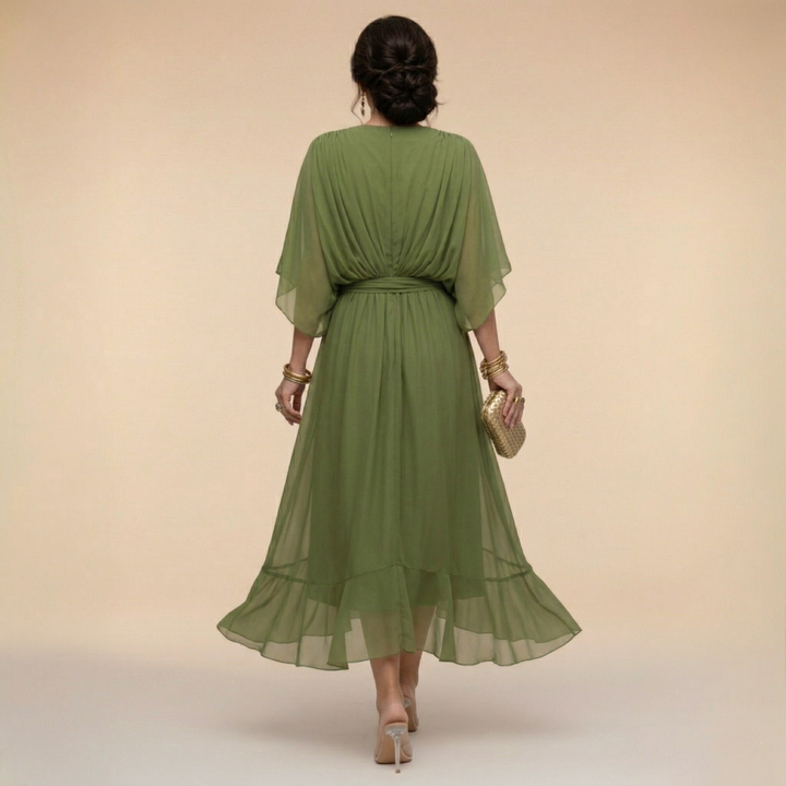 Robe midi fluide col V ceinturée