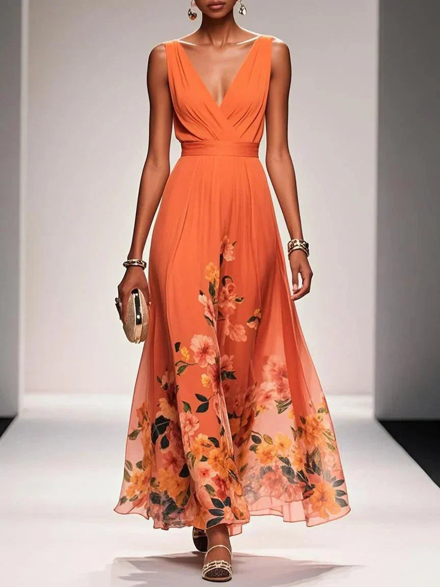 Rose | Robe Maxi Chiffon Fleurie Bleu Clair à Décolleté en V