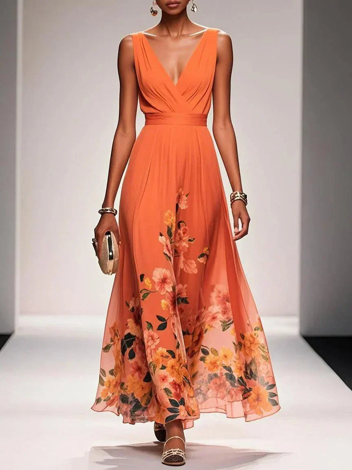 Rose | Robe Maxi Chiffon Fleurie Bleu Clair à Décolleté en V
