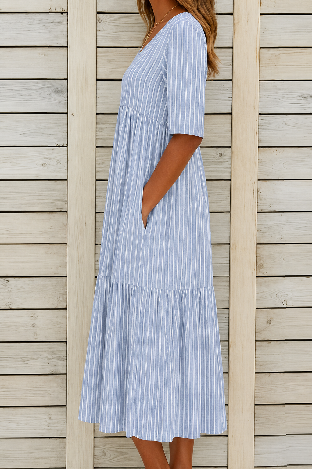 AMANDA | ROBE MIDI ÉLÉGANTE À RAYURES AVEC COUVERTURE DU VENTRE