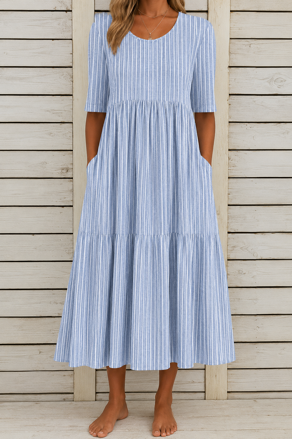 AMANDA | ROBE MIDI ÉLÉGANTE À RAYURES AVEC COUVERTURE DU VENTRE