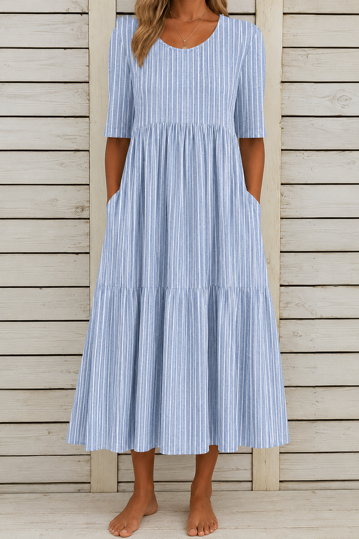 AMANDA | ROBE MIDI ÉLÉGANTE À RAYURES AVEC COUVERTURE DU VENTRE