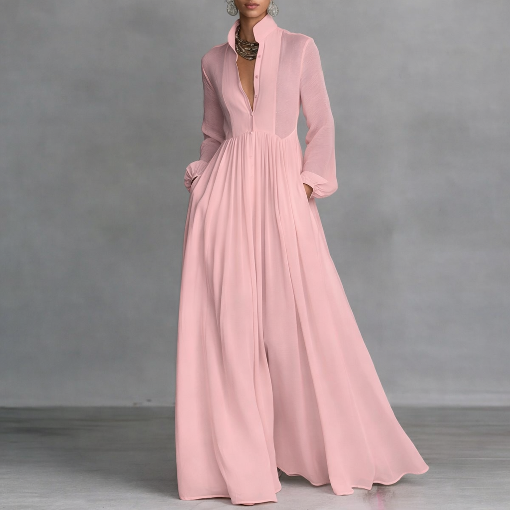 Robe longue fluide col V manches longues