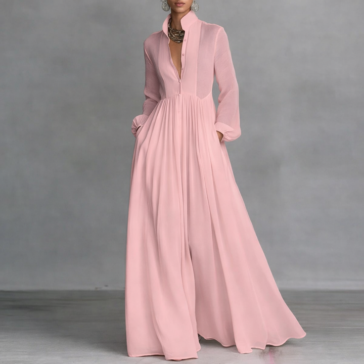 Robe longue fluide col V manches longues