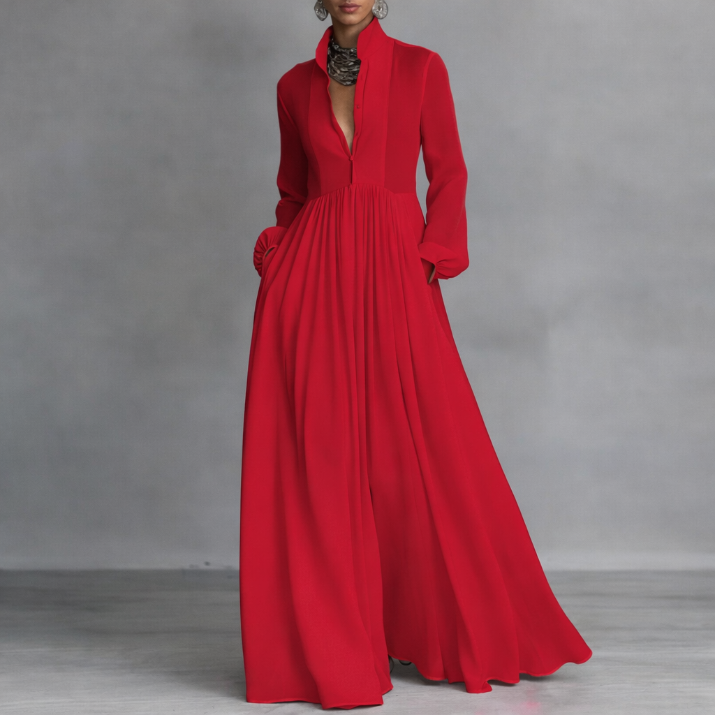 Robe longue fluide col V manches longues