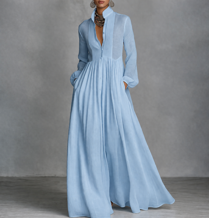 Robe longue fluide col V manches longues