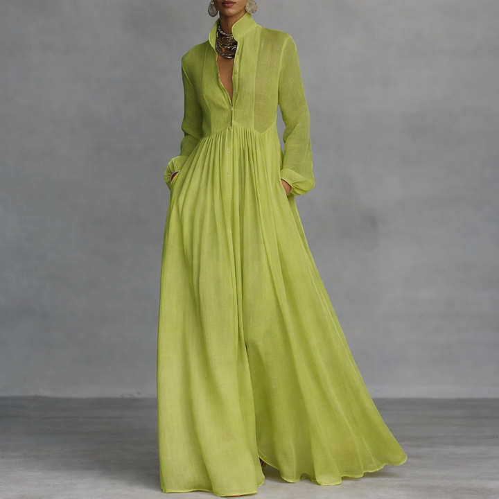 Robe longue fluide col V manches longues
