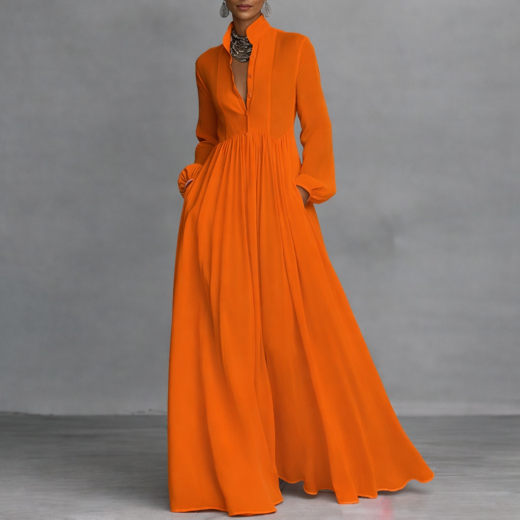 Robe longue fluide col V manches longues
