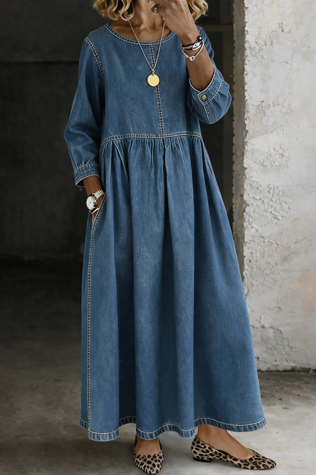 Melissa | Robe en Denim à Col Ronde et Manches Longues