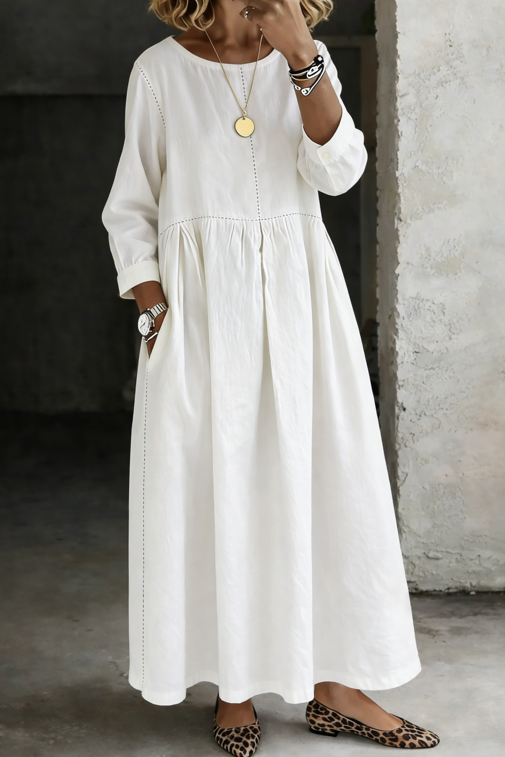Melissa | Robe en Denim à Col Ronde et Manches Longues
