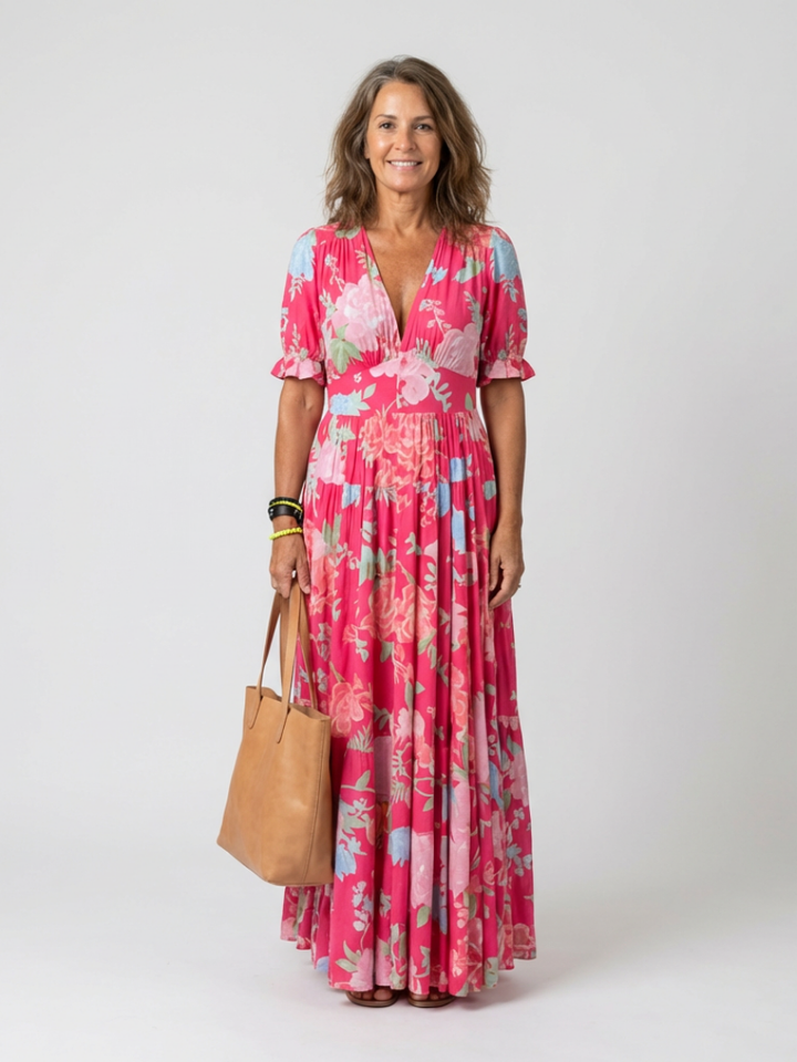 Ione | Robe midi à manches courtes et décolleté en V floral