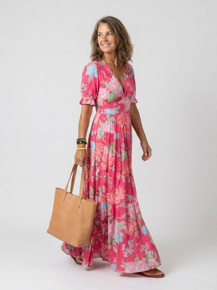 Ione | Robe midi à manches courtes et décolleté en V floral