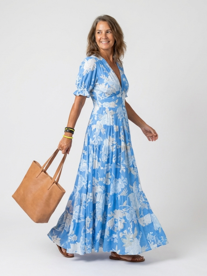 Ione | Robe midi à manches courtes et décolleté en V floral