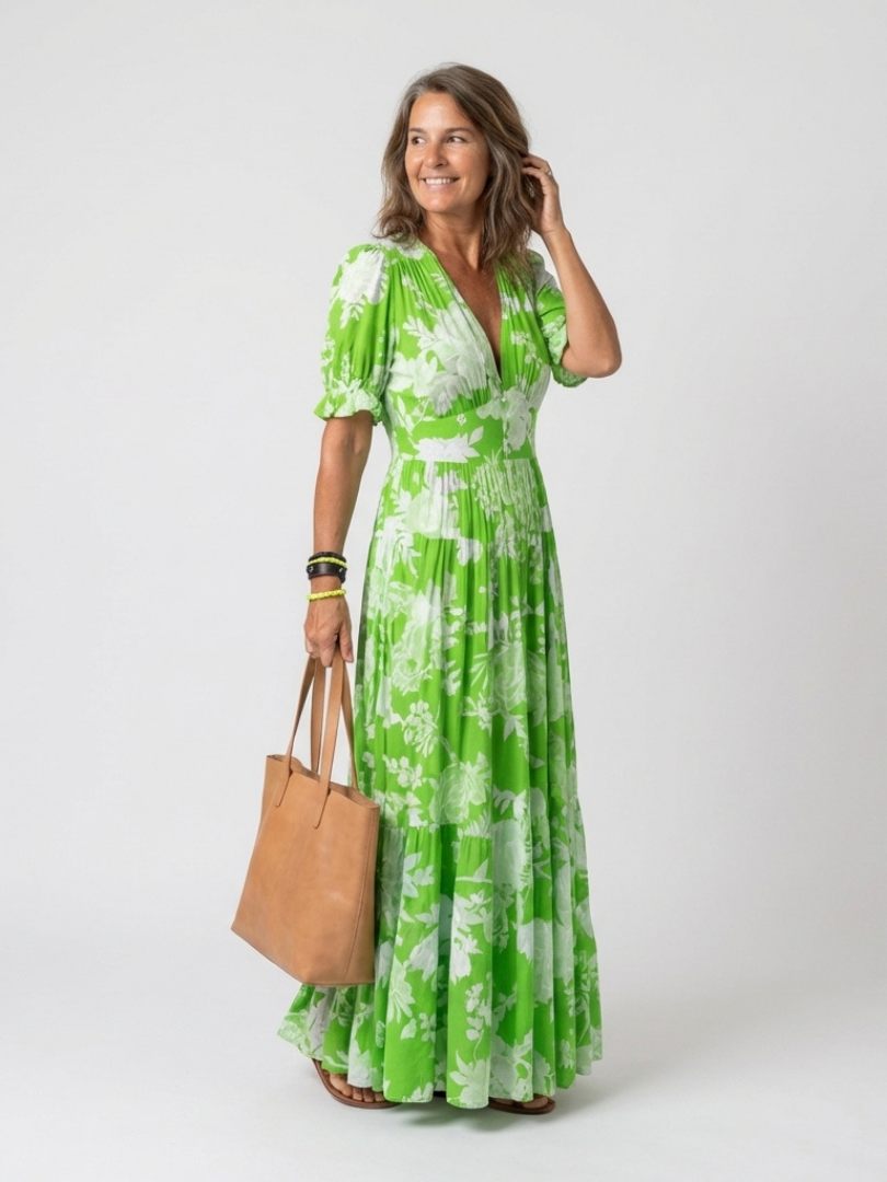 Ione | Robe midi à manches courtes et décolleté en V floral