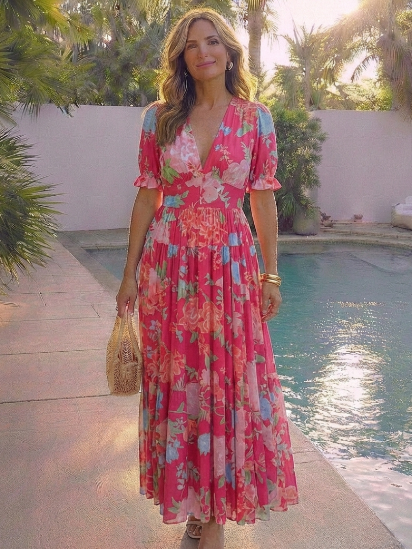 Ione | Robe midi à manches courtes et décolleté en V floral