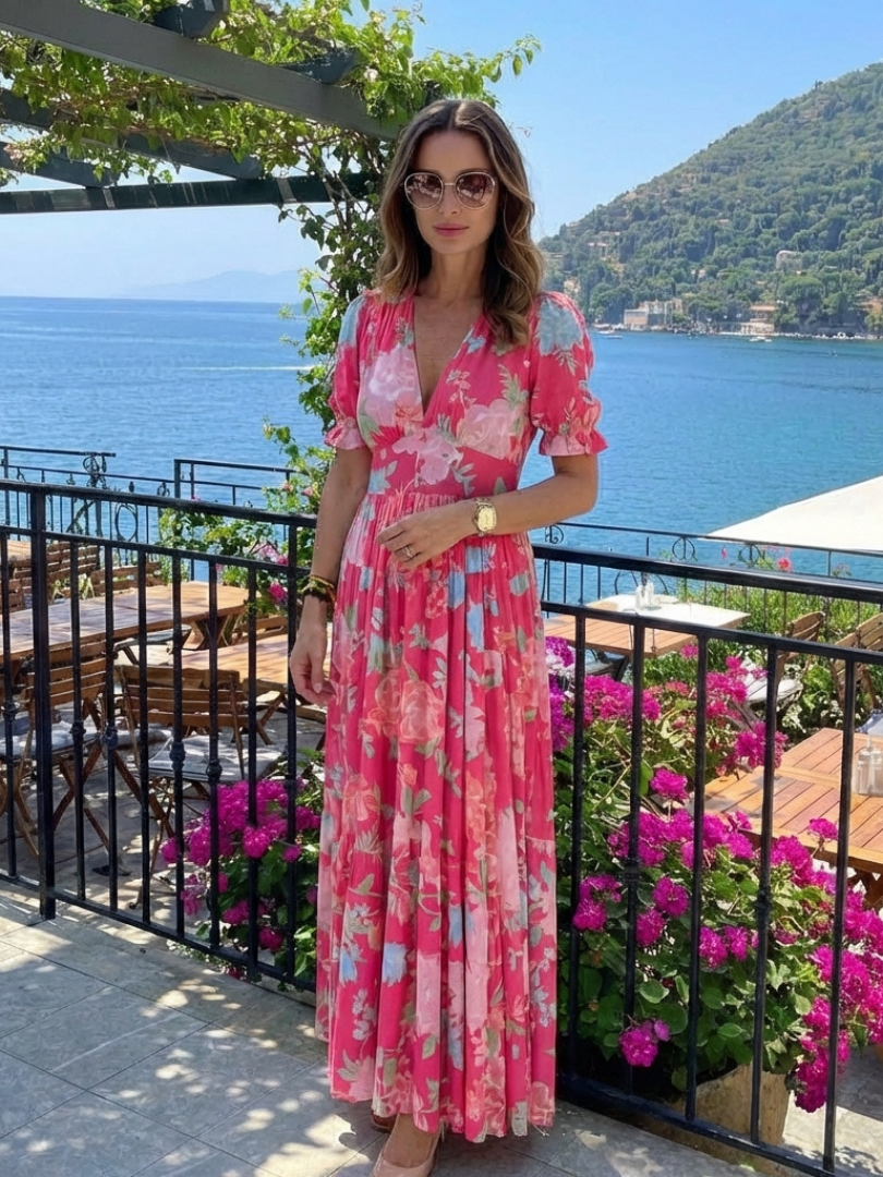 Ione | Robe midi à manches courtes et décolleté en V floral