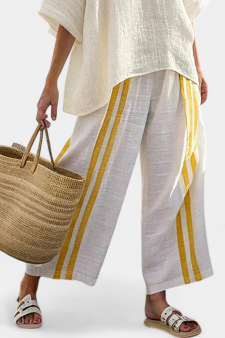 Anselor | Haut en Lin Rayé Jaune Élégant & Pantalons à Jambes Larges