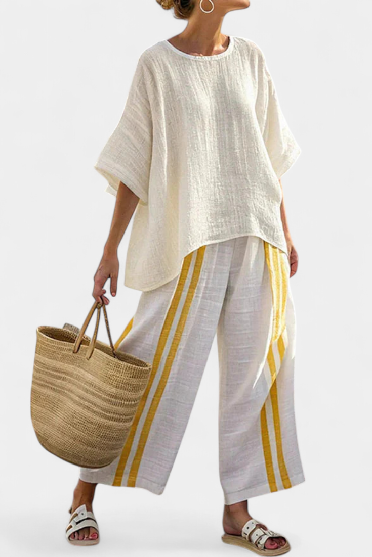 Anselor | Haut en Lin Rayé Jaune Élégant & Pantalons à Jambes Larges