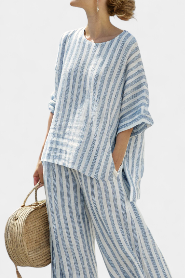 Rensleigh | Haut en lin rayé bleu sophistiqué & Pantalons décontractés