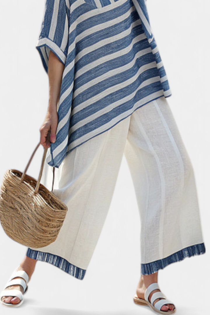 Corvielle | Haut Rayé Bleu Sophistiqué & Pantalon Détail Ourlet