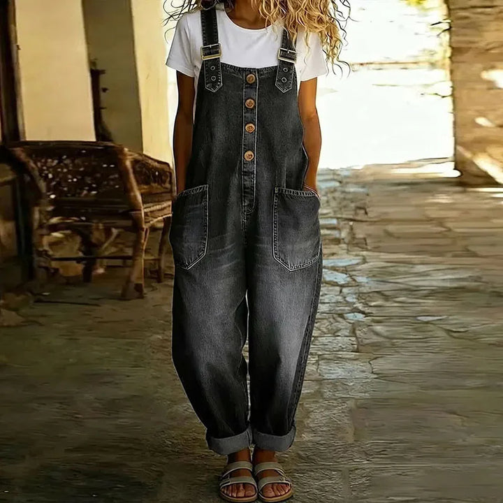 Mae | Douce Salopette en Denim Vintage avec Bretelles Ajustables