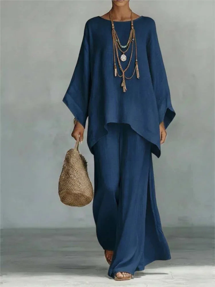 Lovina | Ensemble de pantalons larges à jambes longues en lin avec manches longues