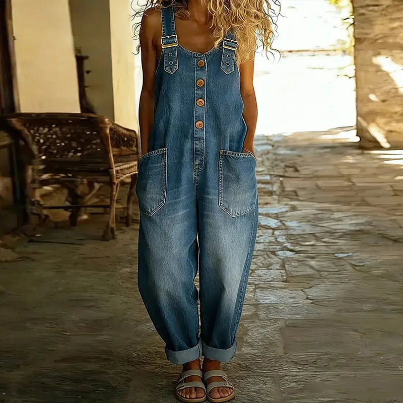 Mae | Douce Salopette en Denim Vintage avec Bretelles Ajustables