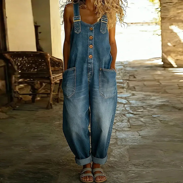 Mae | Douce Salopette en Denim Vintage avec Bretelles Ajustables