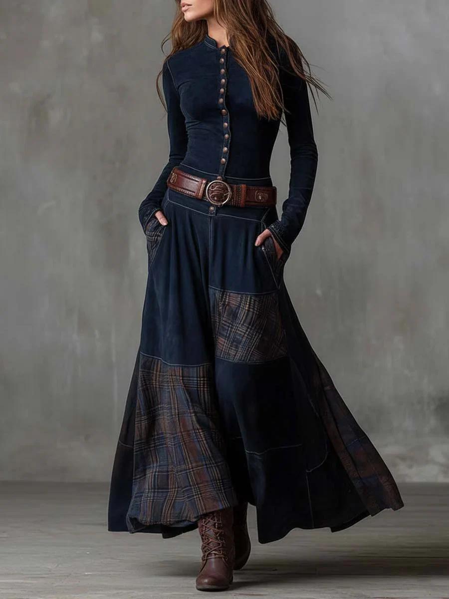 Leonora | Robe longue vintage en suédine à carreaux bleu marine (ceinture incluse)