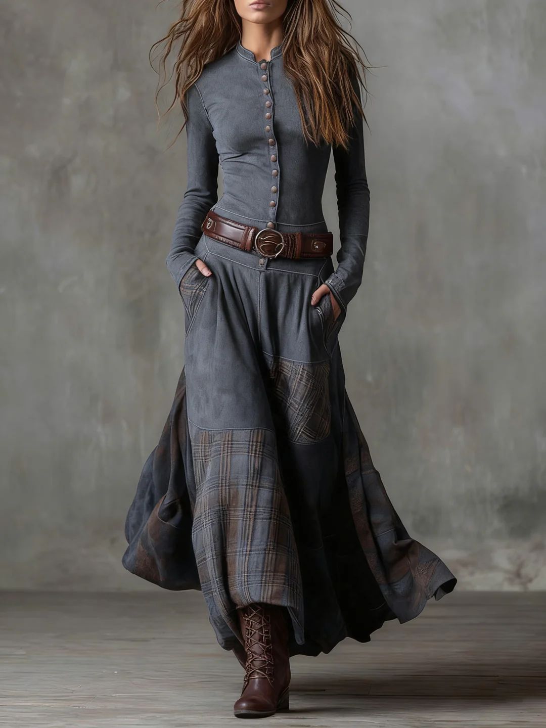 Leonora | Robe longue vintage en suédine à carreaux bleu marine (ceinture incluse)