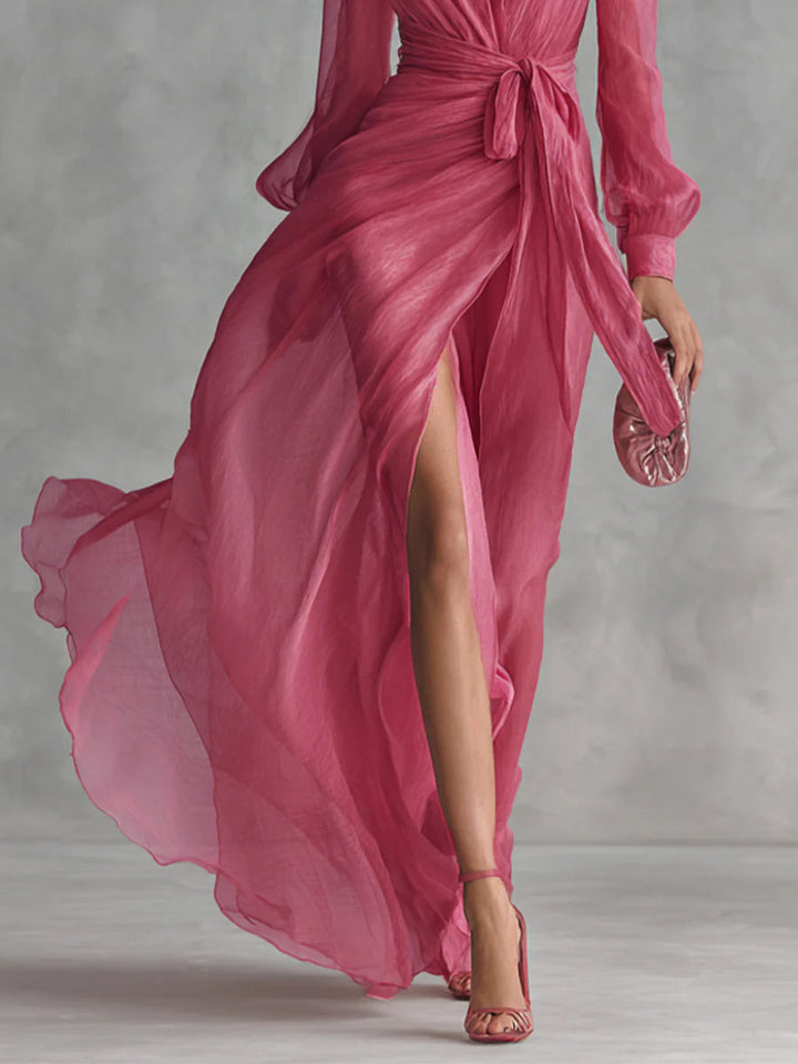 Beatrice | Robe Longue Élegante en Chiffon à Décolleté en V et Ceinture à Nouer