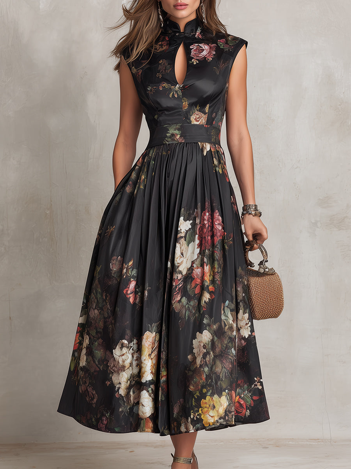 Patricia | Robe Midi Plissée Satin Noir à Fleurs