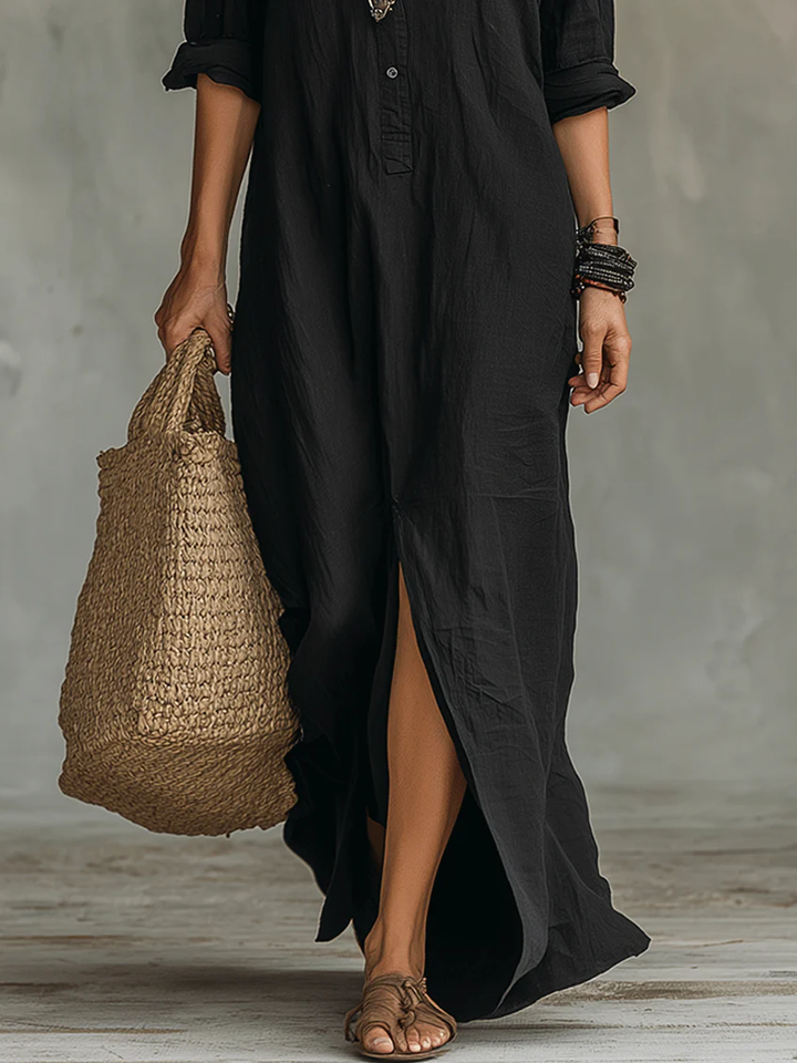 Robe longue boutonnée manches retroussables