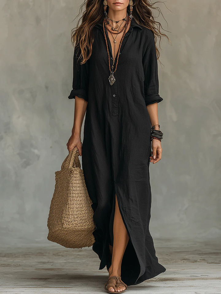 Robe longue boutonnée manches retroussables