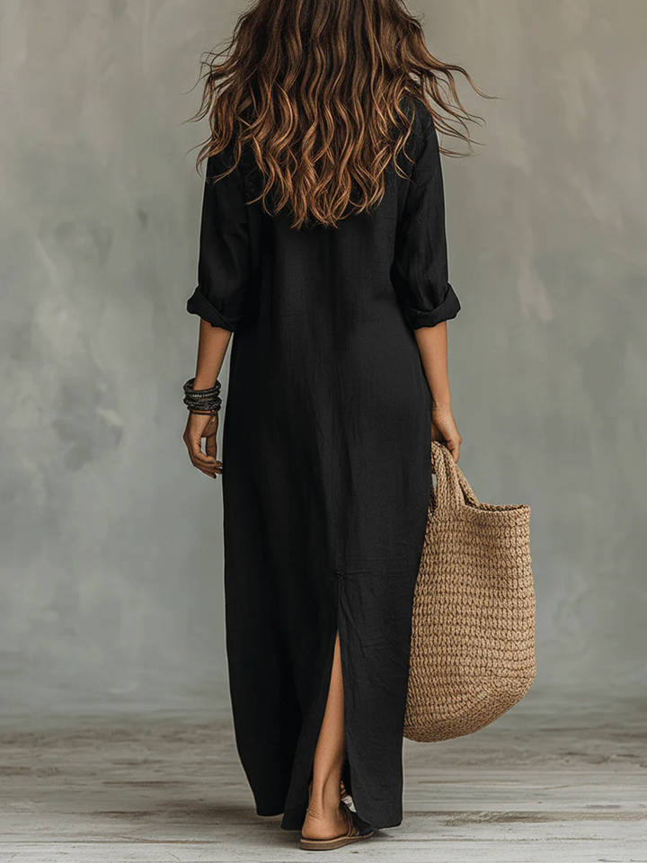 Robe longue boutonnée manches retroussables