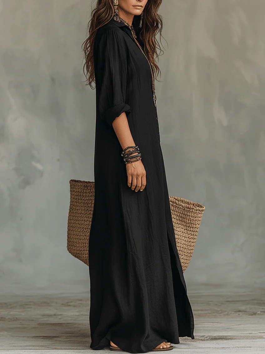 Robe longue boutonnée manches retroussables